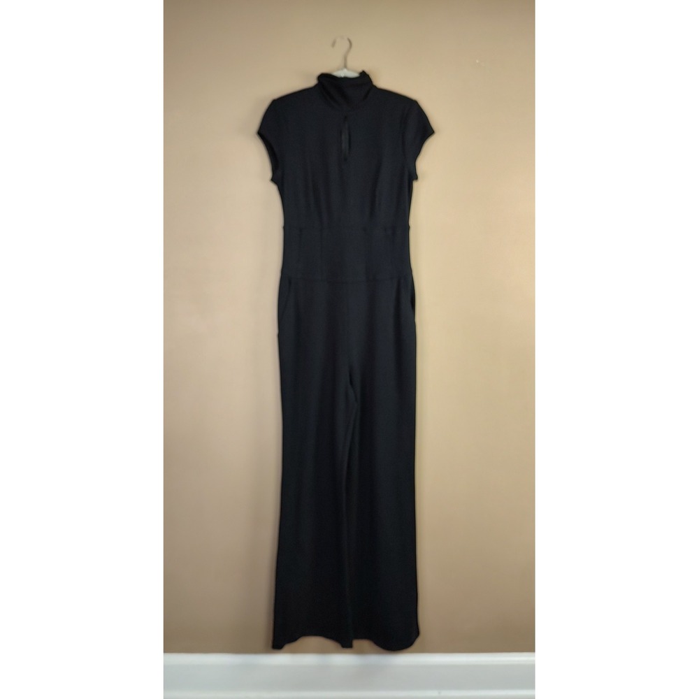 Cache Black Mock Neck Keyhole Jumpsuit Wide Leg Cap Sleeve Size 8 USA Made